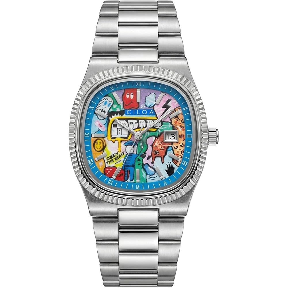 Silver Vintage Men s Watch with Date Display, Colorful Dial, Stainless Steel Bracelet, Water Resistant