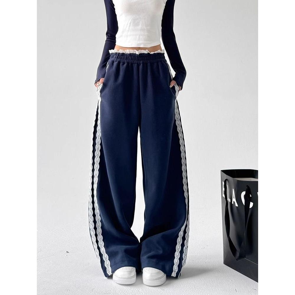 Navy Blue Wide Leg Pants Women Loose Casual Straight Long Pants For Spring Summer