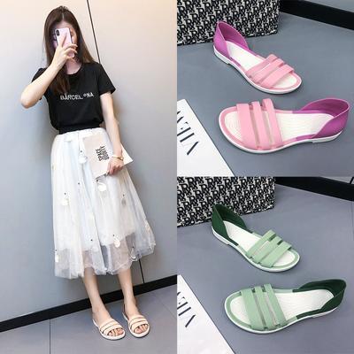 Mode Damen Sommer Flache Sandalen 2024 Zehenfreie Pantoletten Hausschuhe Bonbonfarbe Lässig Strand Outdoor Weiblich Damen Gelee-Schuhe