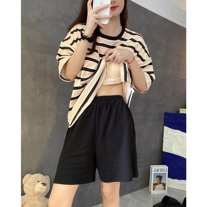 2023 Women's Summer Striped Short Sleeve Set with Chest Pad (Shorts and Long Pants)