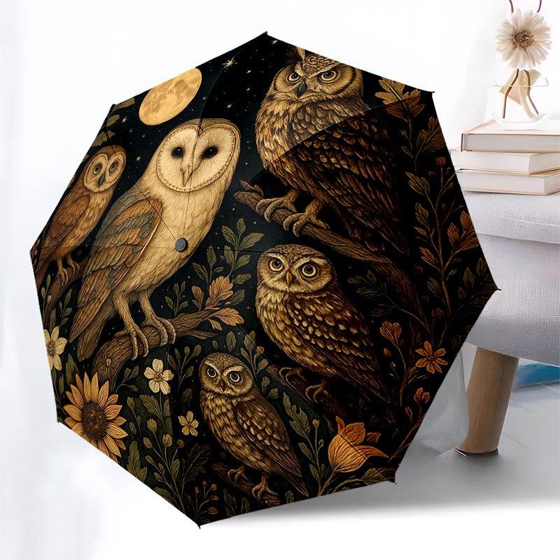 Nächtliches Eulen-Treffen: Ein mystischer kreisförmiger KunstdruckRegenschirm mit süßem Design, tragbarer 3-fach kompakter Regenschirm für Männer & Frauen, Valentins D