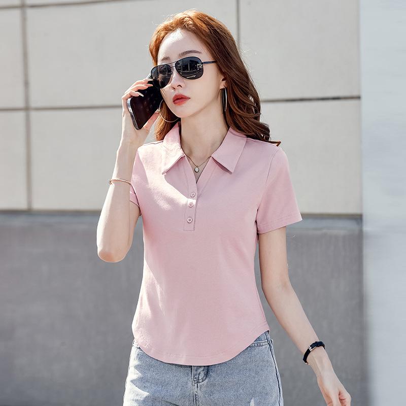 Women's Summer Slim Fit Solid Color Button Short Sleeve Top