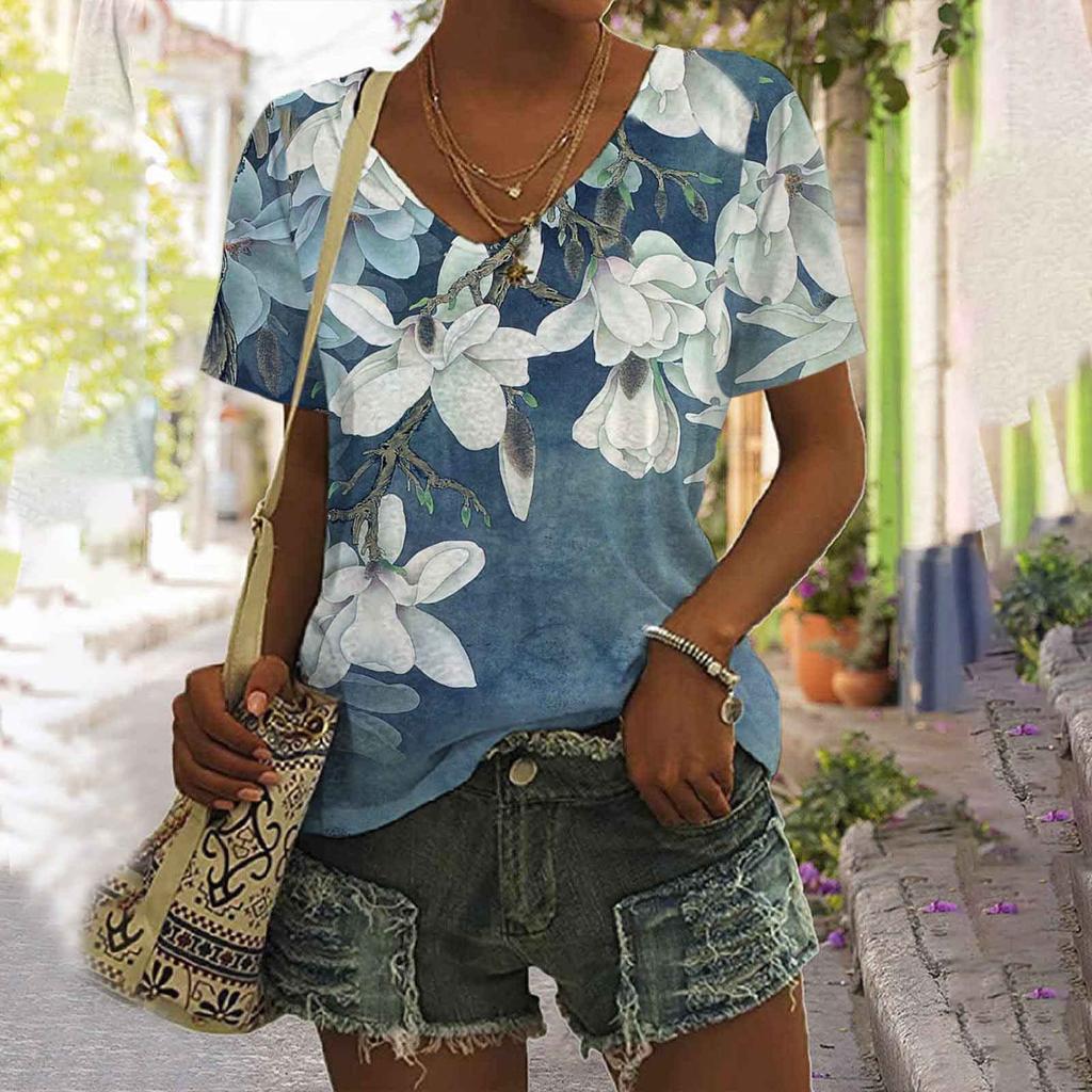 Summer Floral Vintage 3D Print T-Shirts Women V-Neck Short Sleeve T Shirt Y2K Flower Tees Oversized Harajuku Top Female Clothing