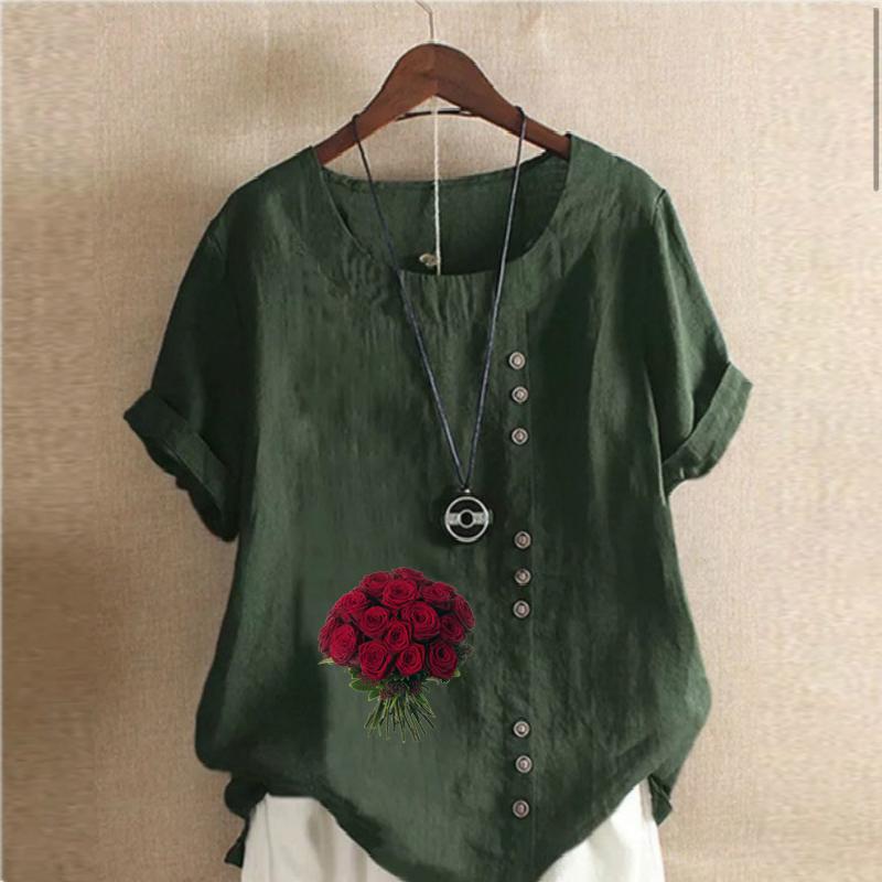 Women's Fashion Rose Prined Round Neck Short Sleeve T-shirt Casual Cotton Linen Graphic Shirt Leisure Loose Summer Blouse Tops