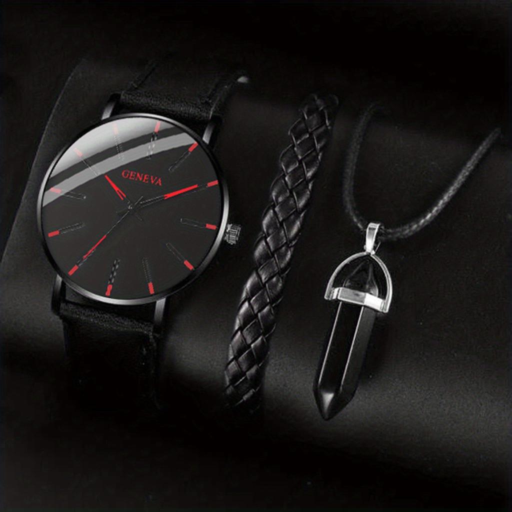 3PCS/Set Fashion Men Watch Luxury Casual Leather Band Quartz Wristwatch Men Business Watches Bracelet Necklace Set Jewelry Gifts