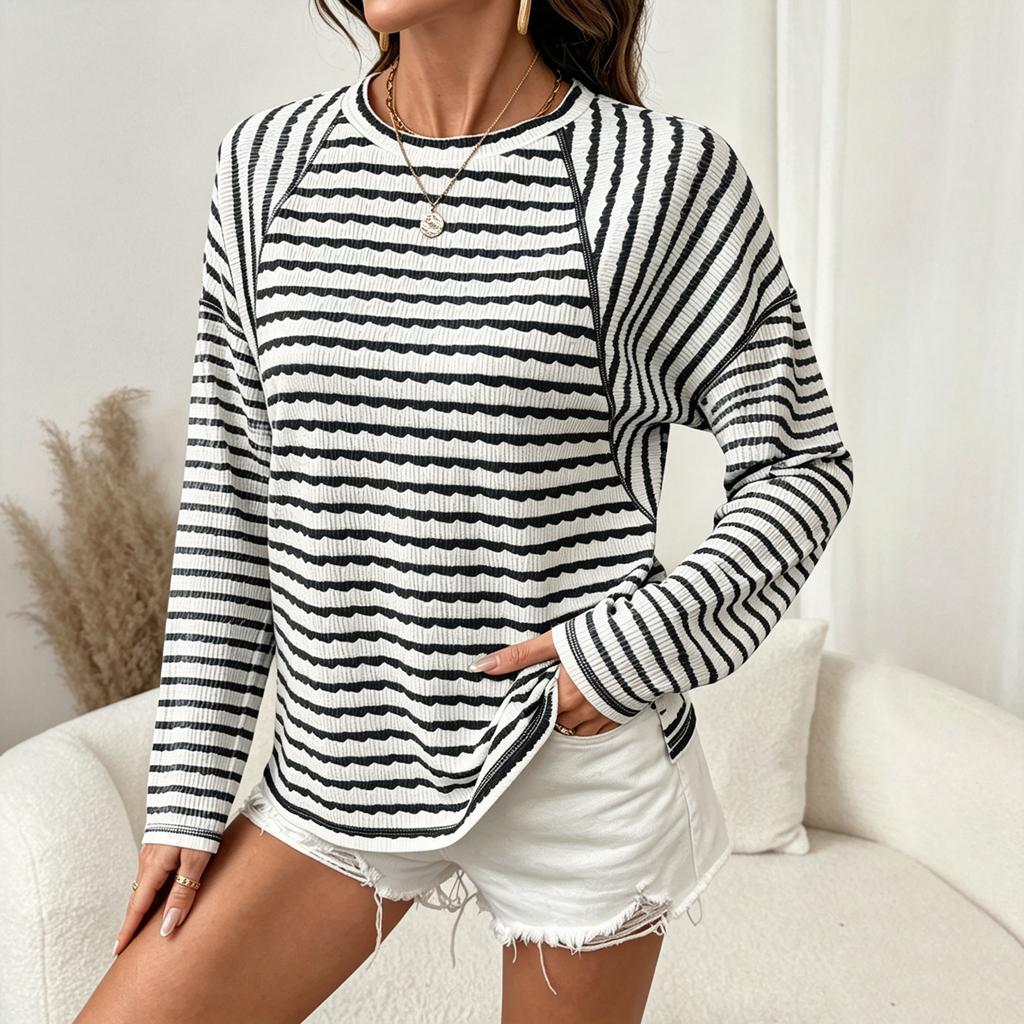 Maglione da Donna Girocollo a Righe Manica Lunga Manica Raglan Casual Leggero Lavorato a Maglia per l'Uso Quotidiano