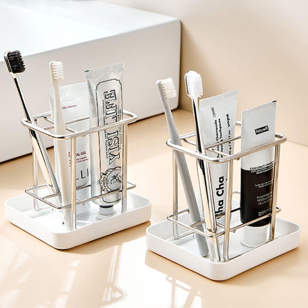 Simple Stainless Steel Toothbrush Holder with Tray Multi-functional Washbasin Storage Rack Drainage Storage Box Home