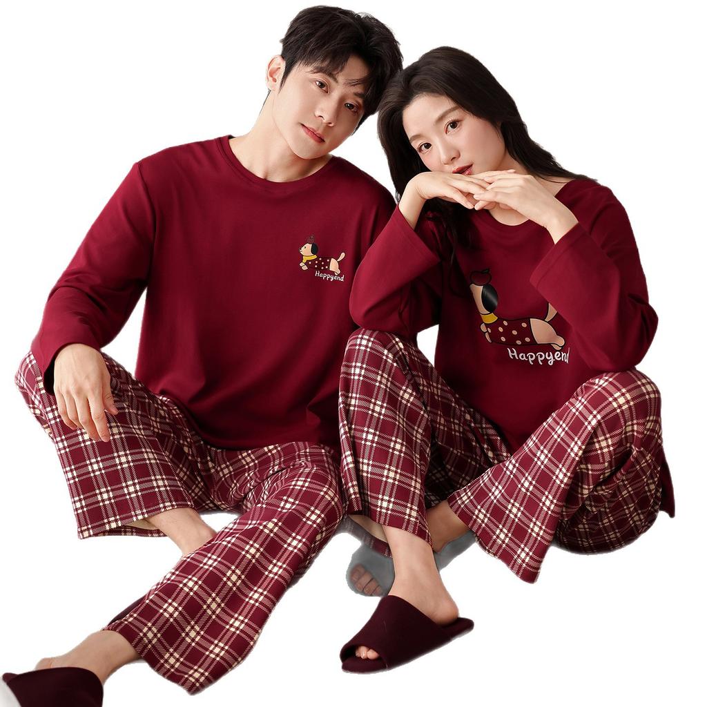 Couple Pajamas Pure Cotton Long-sleeved Natal Year Red Wedding Festive New Wedding Large Size Cartoon Loose Loungewear Two-piece Set