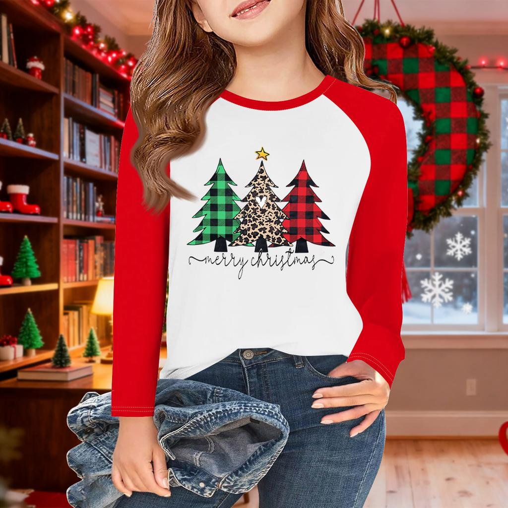 Girls Long Sleeve Christmas Day T Shirts Kids Fall Tops Crewneck Basic Tees 5-14Y