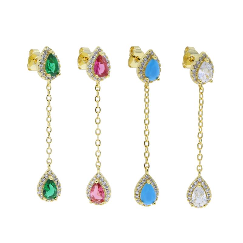 Long Turquoise Drop Earring With Round Cubic Zircon Gold Plated Turquoise Pear Shaped Drop Tassel Chain Earring