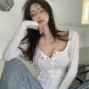 2KWEIRD Women Sexy Square Neck T-shirt Autumn Chic Button Long Sleeve Slim Fit Crop Top Y2K Femme Slim Skinny Tshirt Women Basic Tops