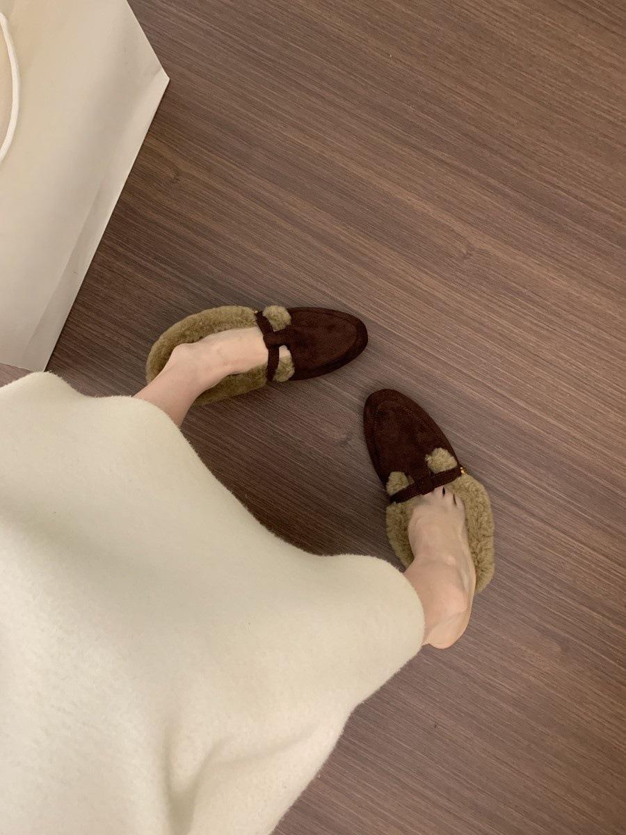 Retro British style Mary Jane small leather shoes women s winter velvet warm single shoes one pedal loafer cotton shoes 40 темно-коричневого