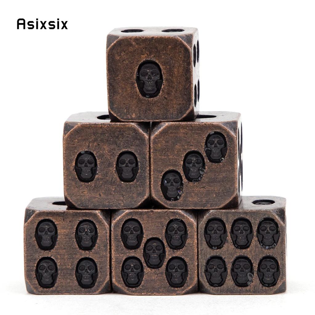 6 Stuks Koperen Schedel Metalen Dobbelstenen Massief Metaal Polyhedrale Dobbelstenen Set Geschikt voor Role-Playing RPG Bordspel Kaartspel
