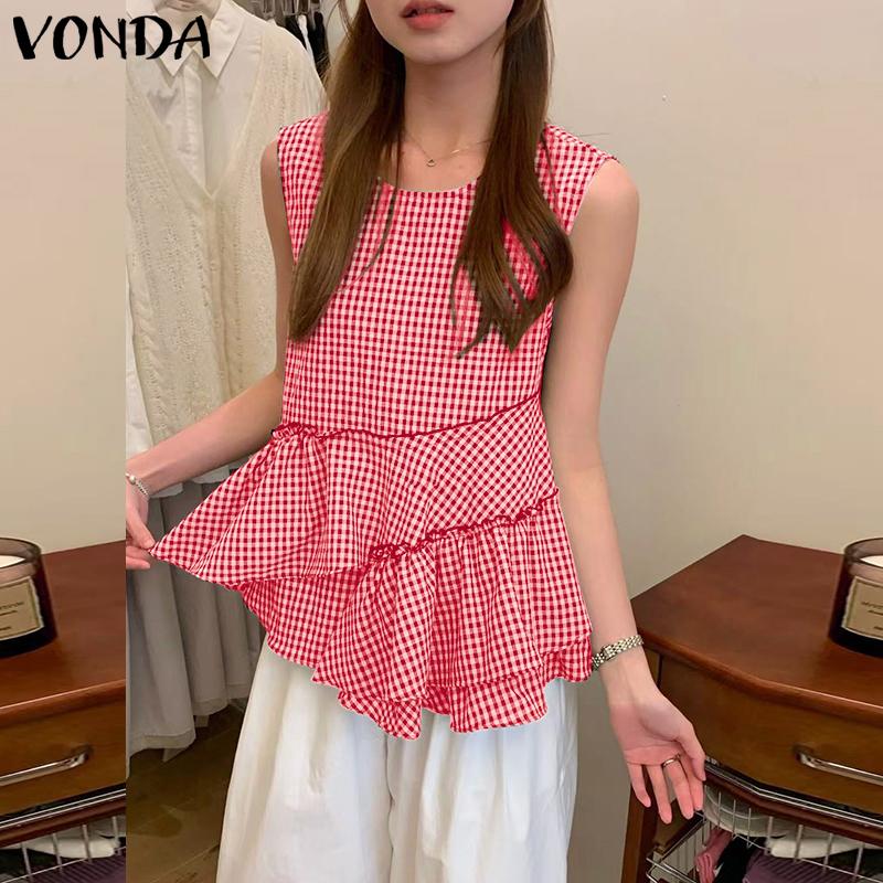 VONDA Sommer Damen Ärmellos Unregelmäßiger Rüschensaum Karomuster Lässige Tanktops