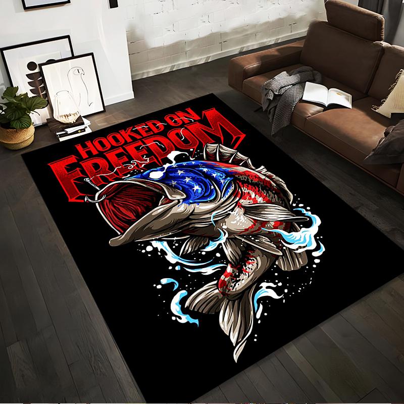 Fishing-Themed Carpet with Hooked on Freedom Text and American Flag Suitable for use as an anti-slip for living room bedroom sofas 40x60cm( 15x23in )