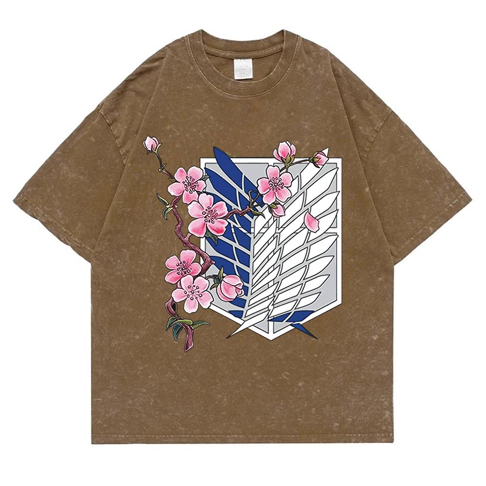 Cherry Blossoms And Wings Of Freedom Washed Retro Snow T-Shirt Men Fashion Cotton Clothes T-Shirts Hip Hop Oversized Casual Tops