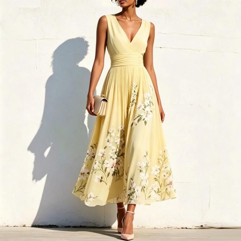 TikTok Women's Amazon Digital Printing Flower Long Sleeve V-Neck Pleated Dress Women's Long Dress