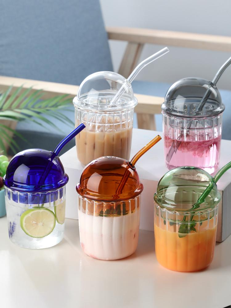 450ml Glass Cup with Lid and Straw Reusable Heat Resisting Cold Hot Drink Cup for Coffee Milk