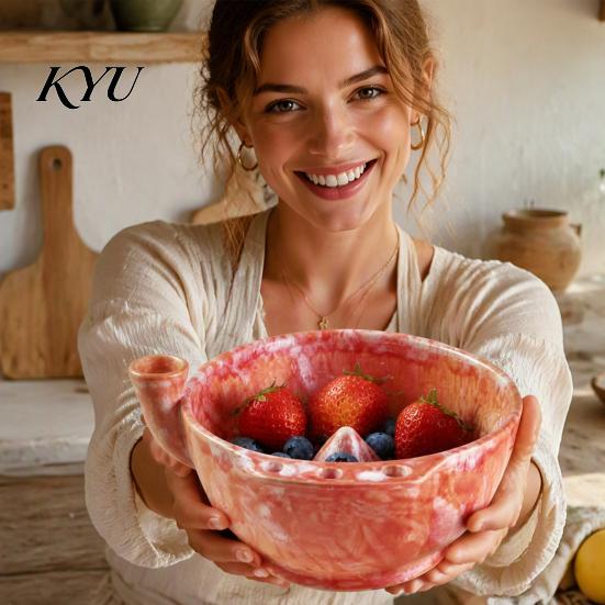 Obstwaschsieb mit Ablauf Keramik Beeren Schale, Selbstreinigendes Abflussloch Blaubeere und Erdbeere Dekorative Glasierte Schale für die Küche