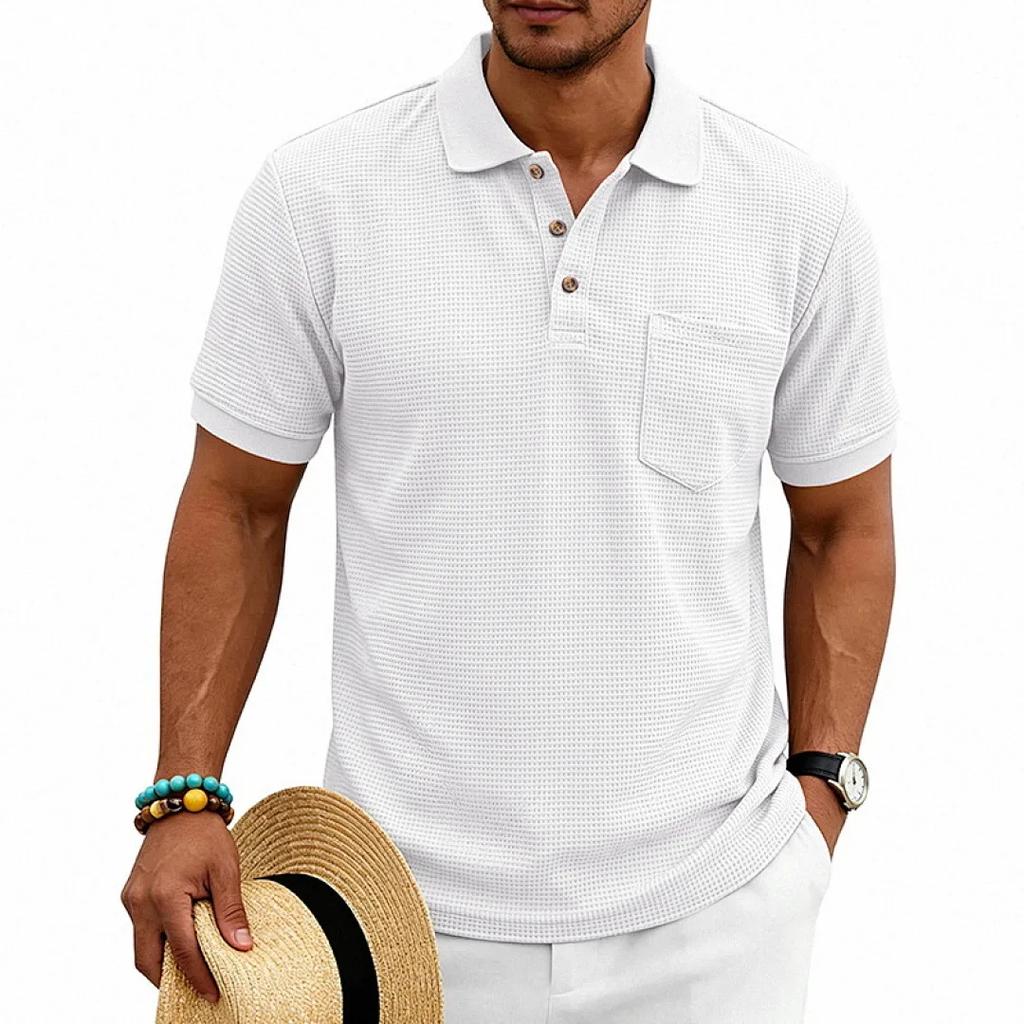 Men's Waffle Knit Polo Shirt Short Sleeve Casual Button Down Polos Men Solid Business Style Tees Tops