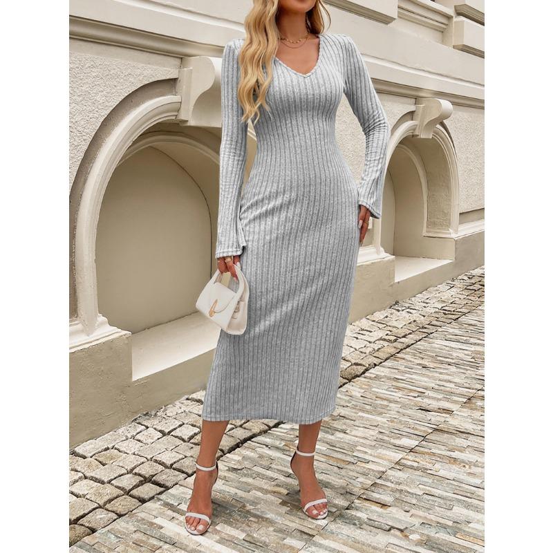Women's Waist-closing V-neck Long-sleeved Hip-covered Dress