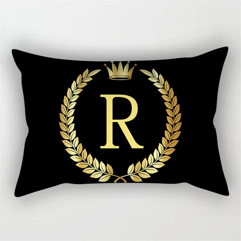 Gold Color Letter Cushion Cover 30x50cm Rectangle Pillow Case Crown Leaves Plant Polyester Black Sofa Pillow Cover Home Decor