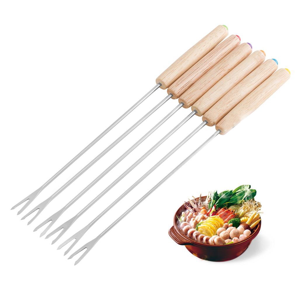 6pcs Stainless Steel Fondue Forks Cheese Fondue Sticks Smore Sticks with Wooden Handle Heat Resistant for Chocolate