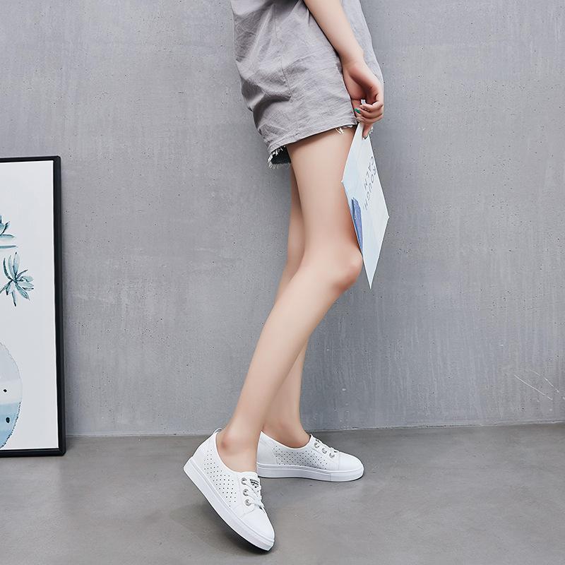 Shallow Mouth White Shoes Women's 2025 Spring and Summer Thin Breathable Lace-up Thick Sole Heightening Leather Surface Low-top Casual Board Shoes