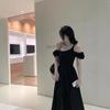 Hepburn style black short-sleeved dress, children's waist temperament design, niche off-the-shoulder long dress, new in summer