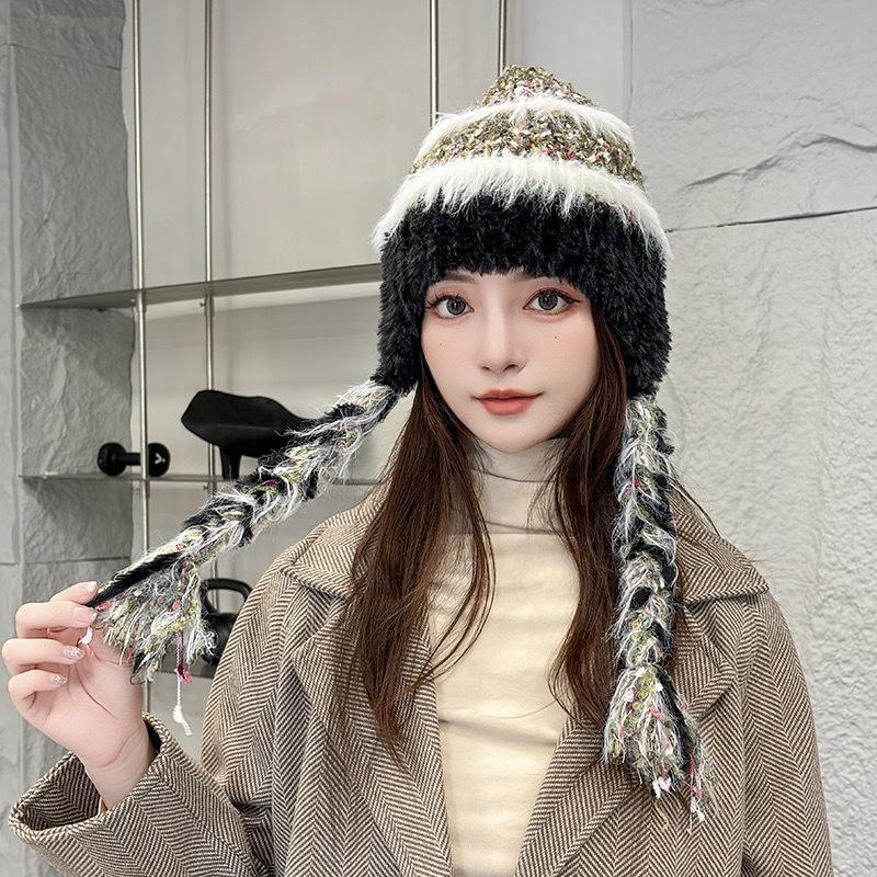 Striped Splicing Knitted Wool Hat for Women In Autumn and Winter Thickened Warmth and Cold Protection Ear Protection Goggles for Lei Feng Hat