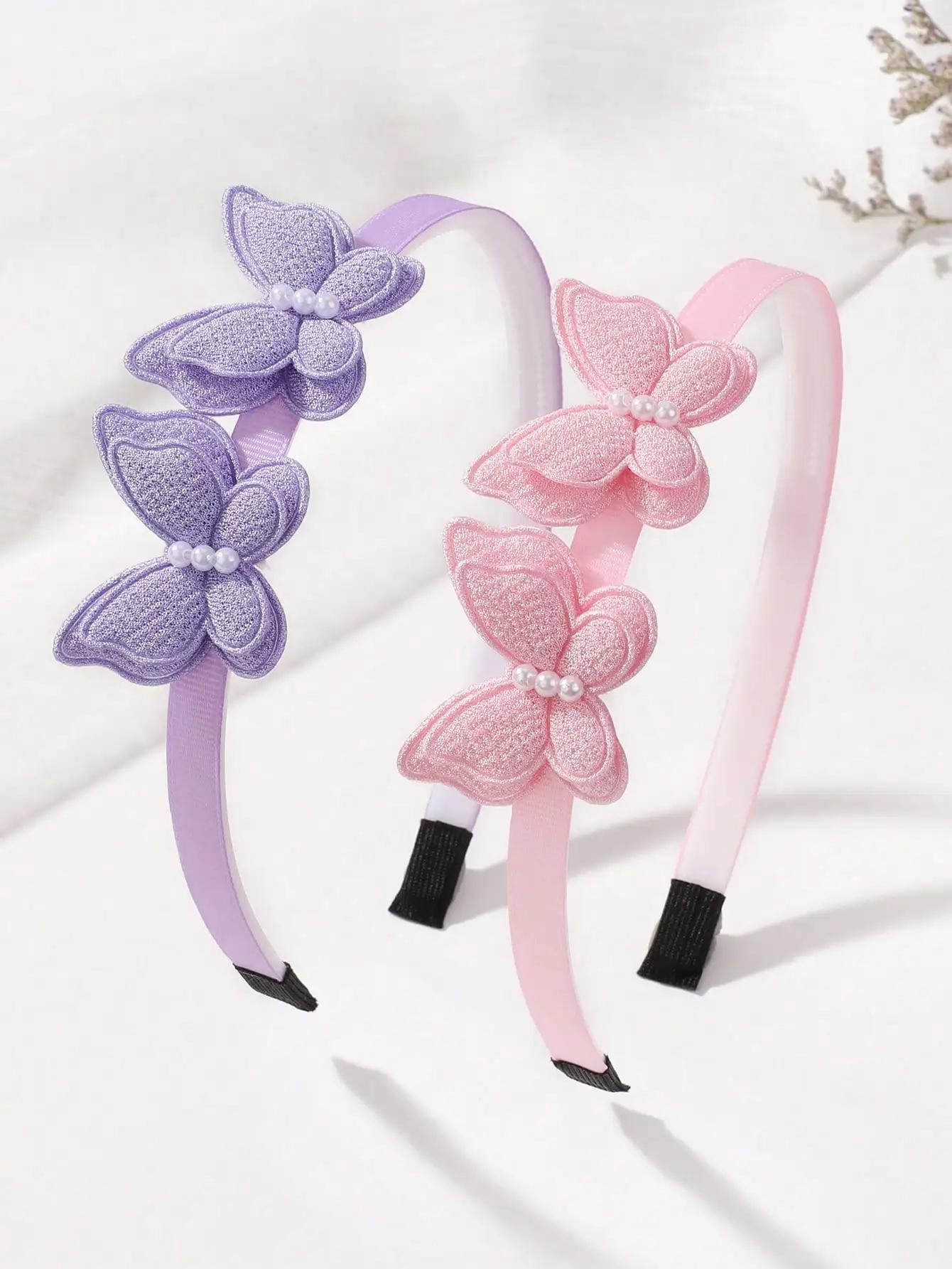 

2 шт. Изысканная повязка на голову с бабочками, детский обруч для волос с имитацией жемчуга, повседневная повязка для волос, милые аксессуары для девочек, подарок