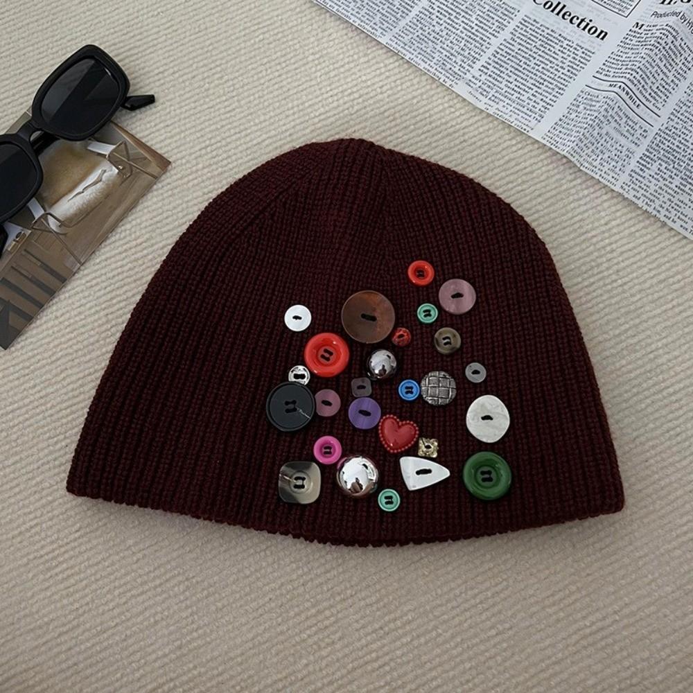 Colorful Button Beanie Hat Cuffed Personality Cold Cap Fashion Knitted Hat