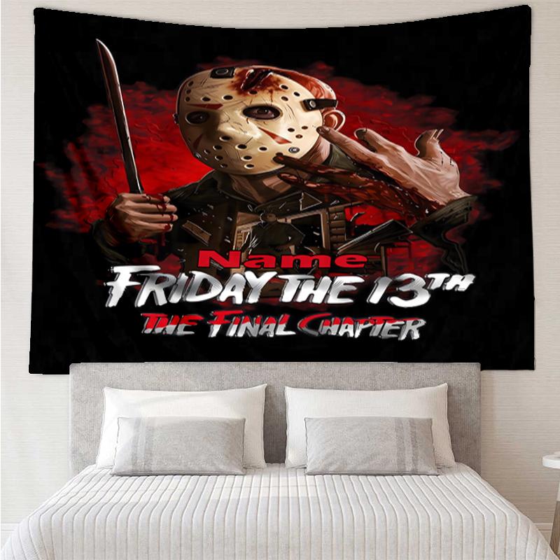 Custom Name Friday the 13th Print Tapestry, Backdrop, Easy Setup, Ideal for Bedroom, Office & Living Room, with Aesthetic Wall Hanging Decor.