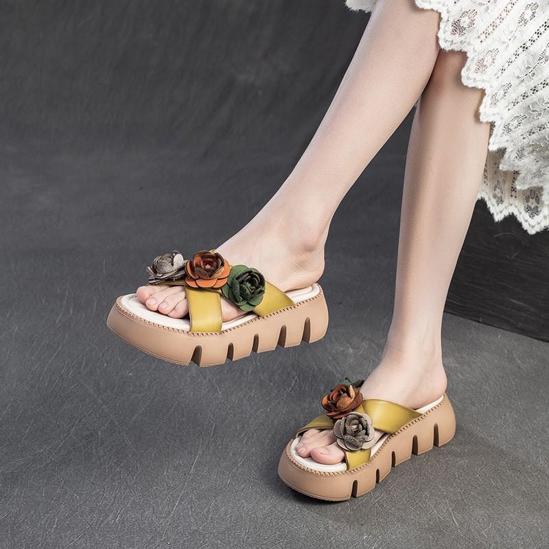 Johnature Handmade Flower Retro Women's Peep Toe Shoes Lightweight Thick Soled Genuine Leather Outdoor Slippers