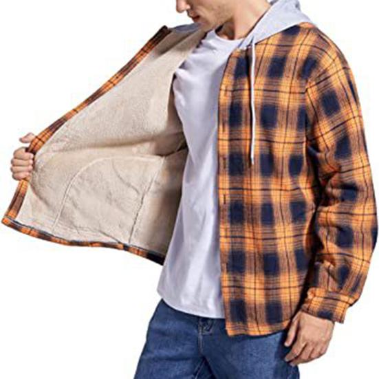 Winter Men Jacket Plaid Buttoned Coldproof Loose Plush Lining Hooded Jacket Outwear