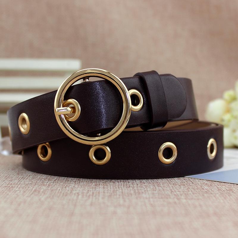 

Женский декоративный ремень с полой круглой пряжкой, женский ремень для юбки с отверстиями для пара, джинсовый ремень кофейный