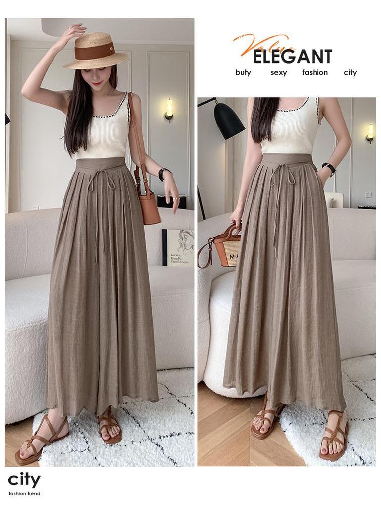 Women's Summer 2024 High-Waist Drape Pants Skirt - Ice Silk & Cotton-Linen Blend with Elastic Waist and Straps