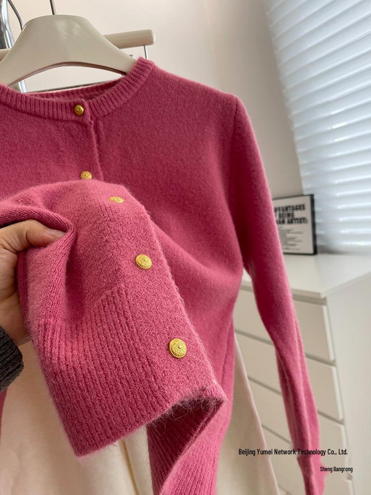 Whitening Raspberry Pink Gold Button Knit Cardigan - Women's Autumn/Winter Korean Style, Soft, Thick, Warm, Round Neck Wool.