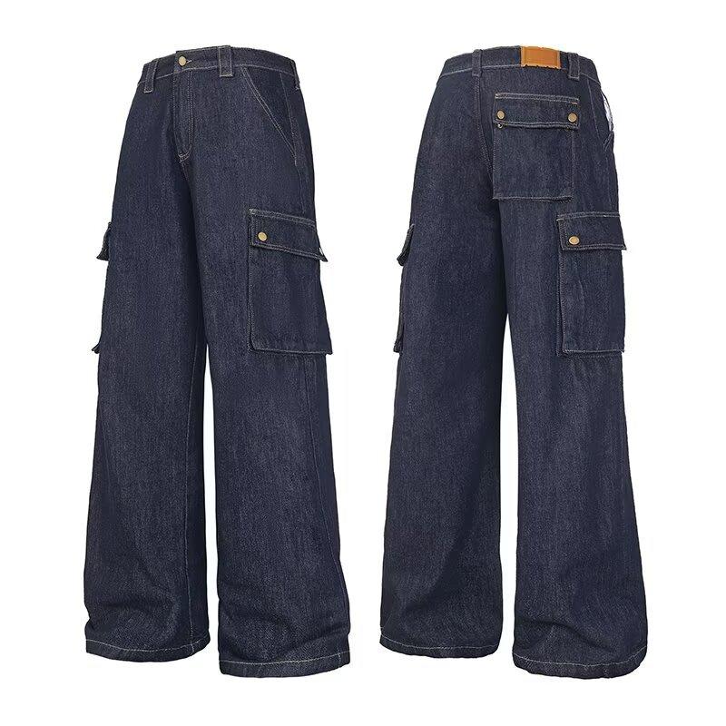 JYL Unisex Cargo Pants American Multi-Pocket Vintage Denim Pleated Casual Denim L амазонка