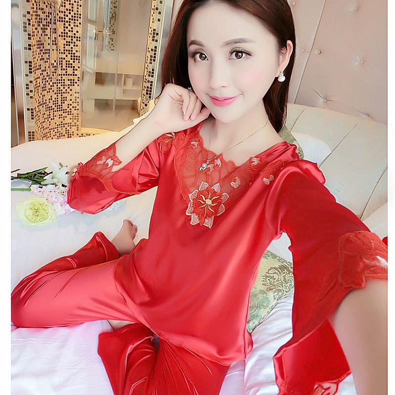 Pajama Women's Summer Ice Silk Long Sleeved Pants Two-piece Set Loose Oversized Lace Sexy Home Clothing Autumn