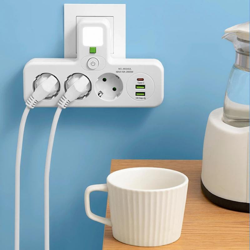 EU Power Strip - AC Sockets, USB & Type-C, 2 Versions Available, Individual Switches + Small Night Light
