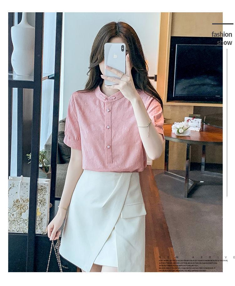 Summer 2024 Women's Stand-up Collar Retro Jacquard Cotton Shirt