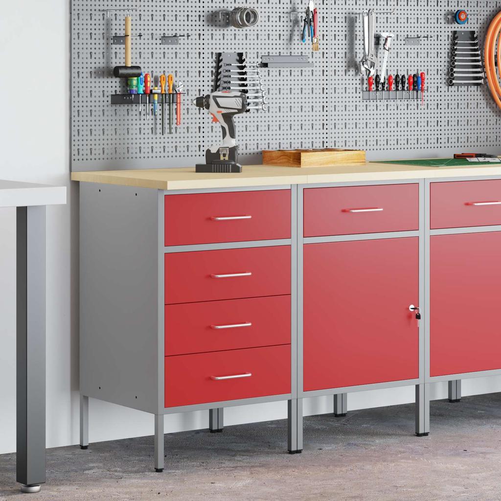 Workbench with Drawers 2 pcs Red and Grey 100 x 55 x 85 cm