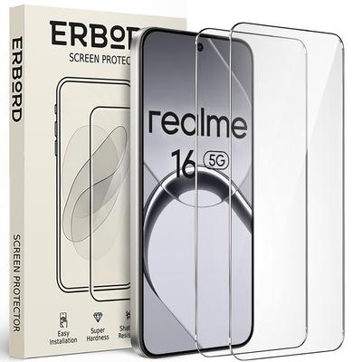 2x Tempered Glass for Realme 16 5G, ERBORD 9H Hard Glass, Fast