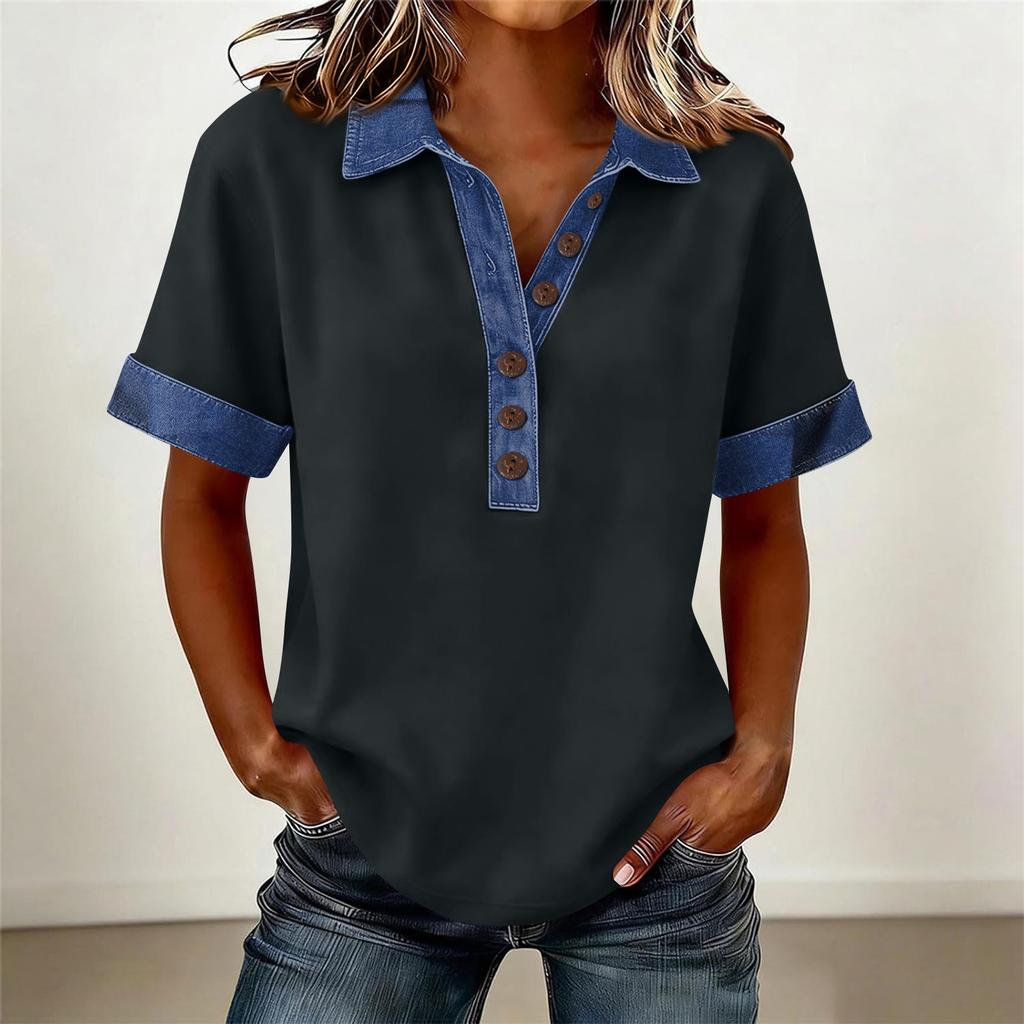 Denim Patchwork Shirts For Women Stand Collar Casual Blouse Short Sleeve Comfy Tshirt Spring Summer Fashion