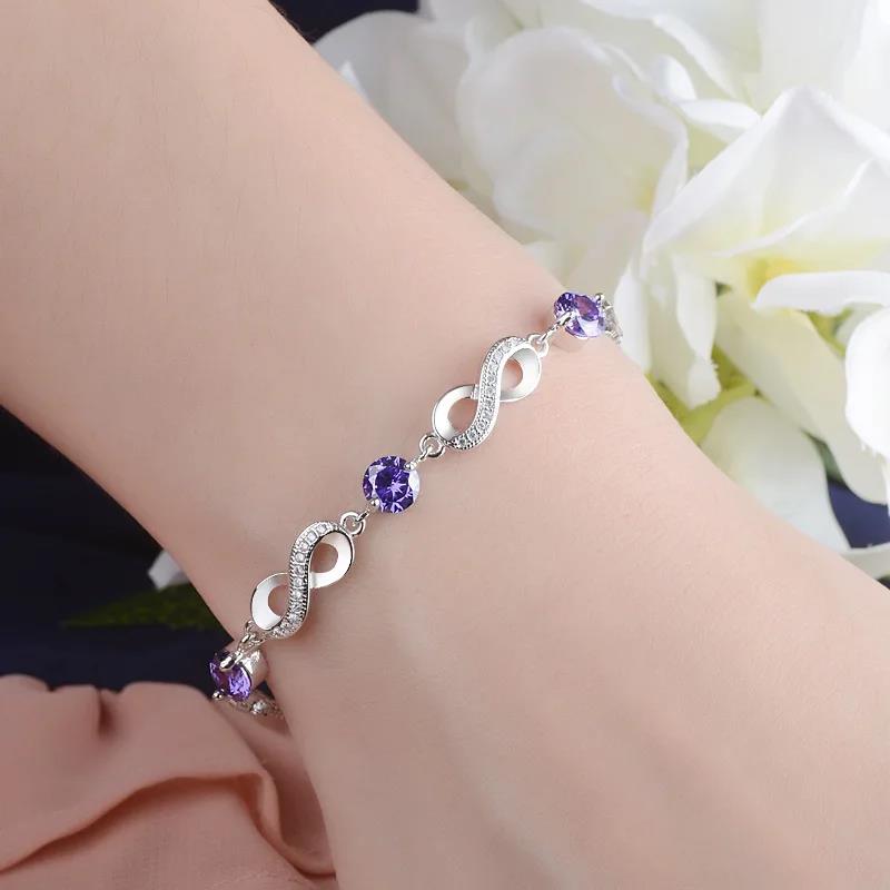 Trendy 925 Sterling Silver Infinity Charm Bracelet for Women Purple Crystal with CZ 8"Shaped Bracelet Engagement Jewelry Gift