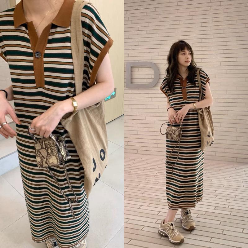 Striped Knit Color Block Polo Nursing Dress - Slim Fit Maternity Wear for Spring/Summer Fashion XL