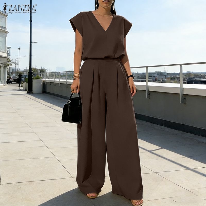 ZANZEA Women Short Sleeve Blouse and Long Pants Summer Two Piece Suit Sets