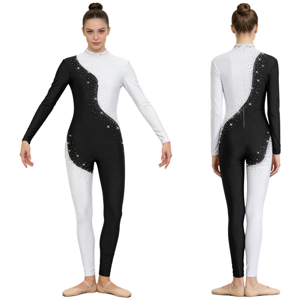 S-3XL Women‘s Dance Bodysuit Sparkly Rhinestones Long Sleeve Pants Back Zipper Color Block Full Coverage Unitard for Skating Ballet