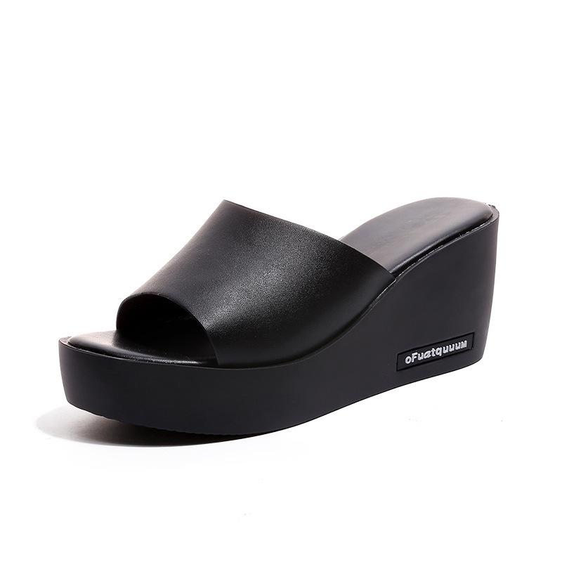 Thick bottom slope heel fish mouth sandals women wear one-word non-slip muffin bottom slippers women